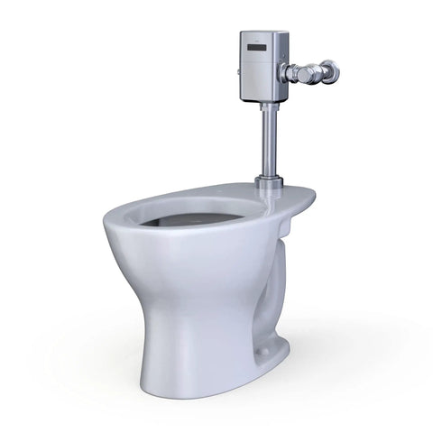 Top Shelf Water Powered Touchless Toilet Flush Valve with sleek polished chrome hardware on a modern toilet unit.