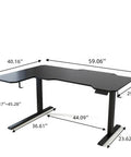 Fly Electric Height Adjustable L Shaped Standing Desk dimensions in inches with black surface and heavy duty steel frame