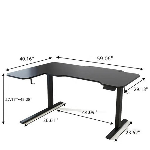 Fly Electric Height Adjustable L Shaped Standing Desk dimensions in inches with black surface and heavy duty steel frame