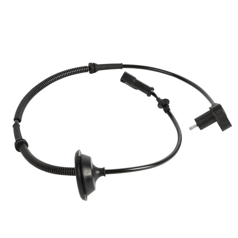 ABS wheel speed sensor, black with mounting flange and wiring harness (front view)