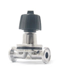 Diaphragm valve, 1/2-inch tri-clamp, SS316 stainless steel body with black knob.