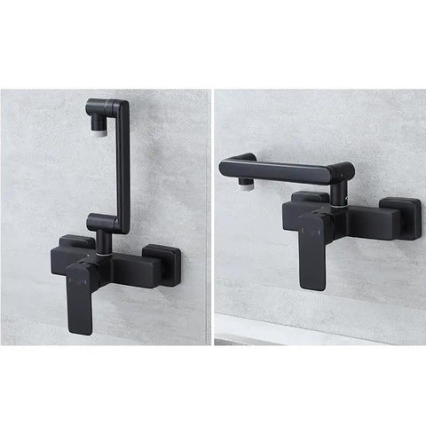 LZPHGB Black Wall Mounted Kitchen Faucet Foldable Dual Mode 360° Rotation Kitchen Sink Tap,Black, shown from different angles on a sleek surface.