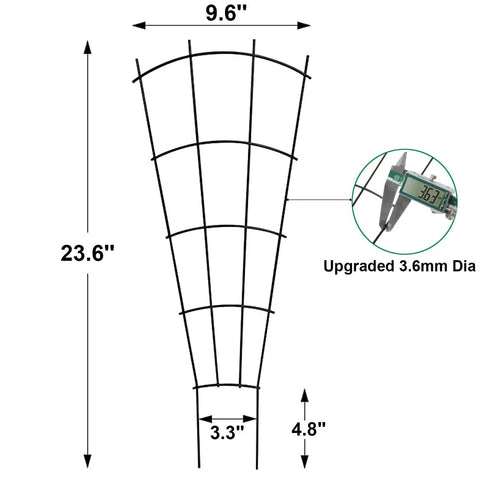 Diagram of 4 Pack 23 Inch Fan Shape Plant Trellis For Potted Climbing Plants, 23.6 inches tall with width measurements and wire thickness shown.