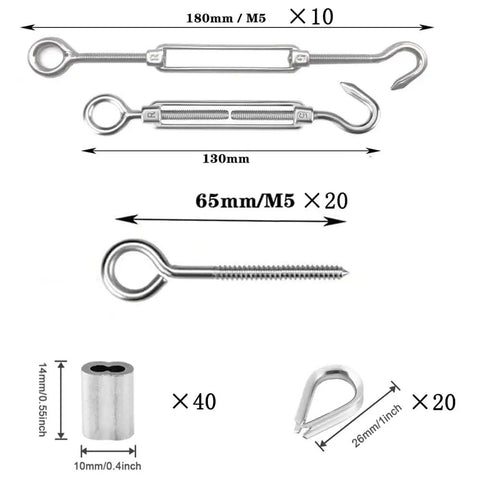 M5 Turnbuckle Kit For One Eighth Inch Cable Railing And Wood Posts, Stainless Steel Wire Tensioner Set With Eye Hooks