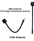 Two 5.8GHz Long Range FPV Antennas with SMA Male for Drone Transmitter, showing different angles and SMA inside pin detail
