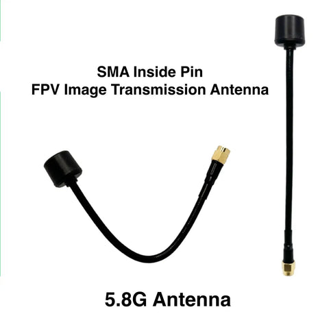 Two 5.8GHz Long Range FPV Antennas with SMA Male for Drone Transmitter, showing different angles and SMA inside pin detail