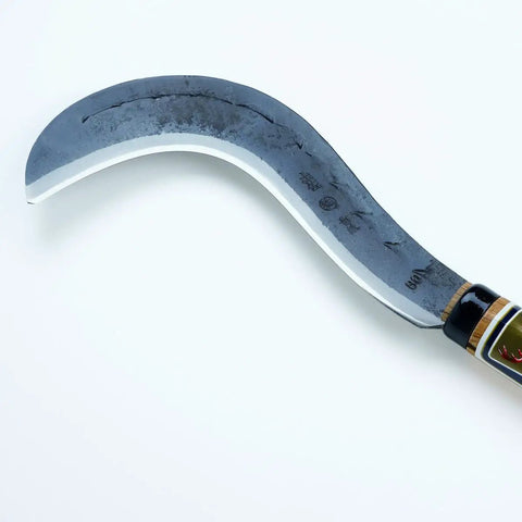 Close-up of Long Handle Scythe With Double Edged Aogami No 2 Blade For Forestry, Handmade In Japan, thick dual bevel blade detail