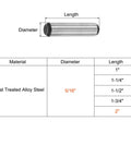 5/16 Inch Dowel Pins, 2 Inch Length, Heat Treated Alloy Steel, Bright Finish, shown with dimensions and material specifications
