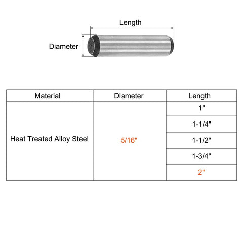 5/16 Inch Dowel Pins, 2 Inch Length, Heat Treated Alloy Steel, Bright Finish, shown with dimensions and material specifications