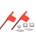 Rock Solid 5 Piece Wood Lathe Turning Tool Set With Durable Cemented Carbide Blades, includes two tools and carbide inserts.