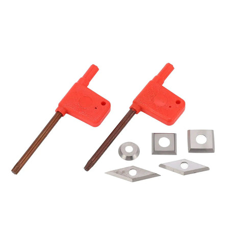 Rock Solid 5 Piece Wood Lathe Turning Tool Set With Durable Cemented Carbide Blades, includes two tools and carbide inserts.