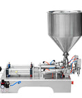 Heavy Duty Liquid And Paste Filling Machine Double Nozzle Pneumatic Piston Dispenser for 1000 to 5000 ml, stainless steel hopper.