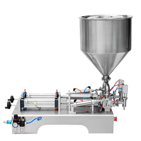Heavy Duty Liquid And Paste Filling Machine Double Nozzle Pneumatic Piston Dispenser for 1000 to 5000 ml, stainless steel hopper.
