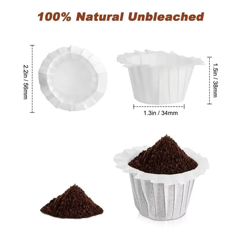 Eco Friendly Disposable Paper Coffee Filters For Single Cup Brews Fits All Reusable K Cups No Grounds Flow Smoothly Unbleached Natural Filter Paper 300 Count with coffee grounds.