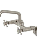 No-Drip Two-Handle Wall Mount Kitchen Faucet in Brushed Nickel, solid brass, adjustable span, ceramic disc, 1.2 GPM