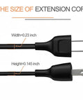 Side view of Short 5Ft Black Power Extension Cord For Indoor Use With 125V 5A 625W Two Prong And Two Outlets Perfect For Holiday Lights showing size dimensions.