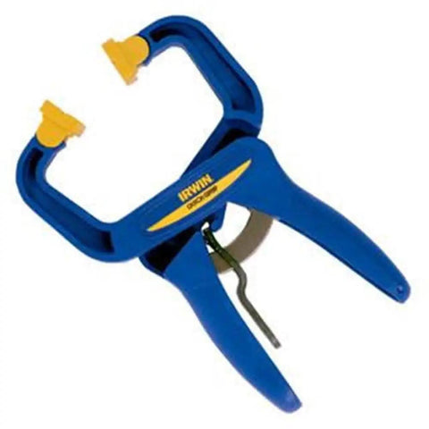 Quik Grip Handi Clamp 2 Inch With Quick Release Trigger For One Handed Operation Fast Positioning And Adjustable Clamping Pressure Perfect For Woodworking Projects And DIY Crafting blue plastic hand clamp with yellow pads