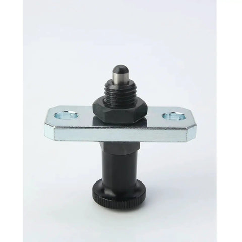 Heavy Duty Spring Loaded Indexing Plunger With Locking Knob And Flanged Base showing the black plunger with metallic flange for secure jig setup.