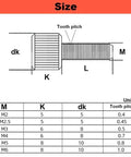 Size chart for Black Stainless Steel Circle Thumb Screws Set Twenty Pieces M2 X 5mm Knurled Head Plain Type.