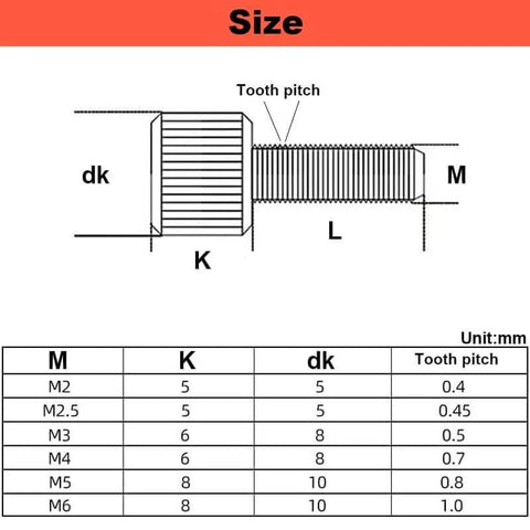 Size chart for Black Stainless Steel Circle Thumb Screws Set Twenty Pieces M2 X 5mm Knurled Head Plain Type.