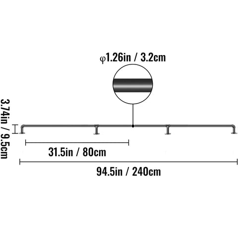 Dimensions diagram for Beefy 8 Foot Pipe Stair Handrail Set With Wall Mounts Three 31.5 Inch Sections Carbon Steel Industrial Railing