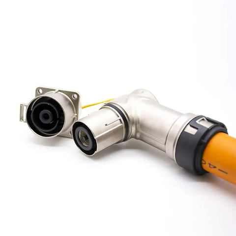 Heavy Duty EV High Voltage Connector 1 Pin Right Angle Metal Plug Socket 500A IP67 on a white background.
