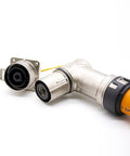 Straight Shooter Ev High Voltage Connector 1 Pin Metal Plug Socket Right Angle IP67 Waterproof Pro Power Harness 500A showing metal design and wire.