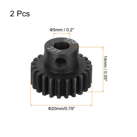 Two Pack Hardened Pinion Gear Set 23T 32P With 5mm Shaft For 1/10 RC Cars Boats Drones Carbon Steel Beefed Up Replacement Gears Premium Grade Quick Fit For Strong Power Transmission In RC Cars Boats And Drones