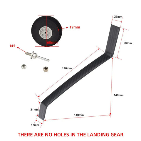 Beefed Up Pro Grade Carbon Fiber Landing Gear Kit for 50E RC jet plane with foam wheels, M4 axles, lock nuts, and wheel collars.