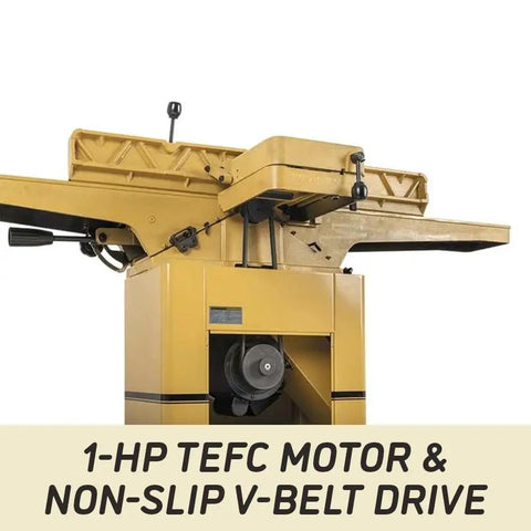 Pro Six Inch Jointer With Helical Cutterhead And One Horsepower Motor features a 1-HP TEFC motor and non-slip V-belt drive.