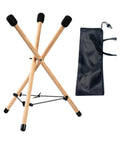 Versatile Portable Adjustable Wooden Handpan Drum Stand With Slick Travel Storage Bag next to the tripod frame and travel bag.
