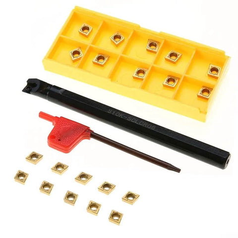Pro Grade Carbide Inserts Set With S10K SCLCR06 Alloy Steel CNC Turning Tool Holder And Wrench All In One 10 Piece Finishing Kit