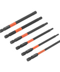 6 Piece Heavy Duty Black Impact Driver Bit Set With Mighty Magnets For 1/4 Inch Hex Shank, Tough High Carbon Steel Cross Bits Perfect For Furniture Building And Car Mechanic Repairs That Hold Tight. Six black 1/4 inch hex impact bits with orange bands