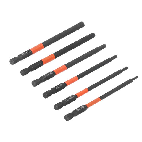 6 Piece Heavy Duty Black Impact Driver Bit Set With Mighty Magnets For 1/4 Inch Hex Shank, Tough High Carbon Steel Cross Bits Perfect For Furniture Building And Car Mechanic Repairs That Hold Tight. Six black 1/4 inch hex impact bits with orange bands