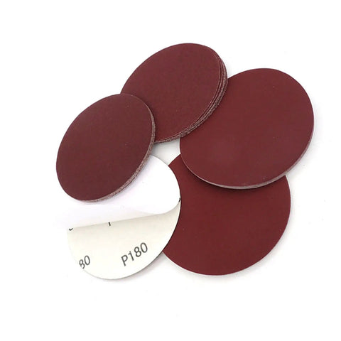 Top Notch 5 Inch Hook And Loop Sanding Discs With Red Grit for Electric Polishers showing multiple red grit discs.