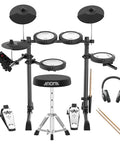 Electronic Drum Set With 4 Quiet Mesh Pads And 2 Pedals Portable Solid Build Bluetooth Ready Includes Drum Module Throne Headphones Sticks And Cables Plus 20 Play Along Practice Songs displayed with accessories.