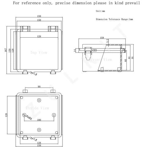 Technical drawing of Junction Box Weatherproof Outdoor Enclosure IP67 ABS Plastic Dustproof Waterproof With Hinged Grey Clear Cover And Stainless Steel Buckles Rugged 17.7 By 13.8 By 7.9 Inch Project Box For Electrical Gear.