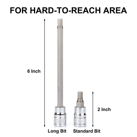 Long Three Eighths Inch Drive Hex Bit Socket Set With S2 Alloy Bits And CR V Sockets SAE And Metric Mix Eighteen Piece Kit