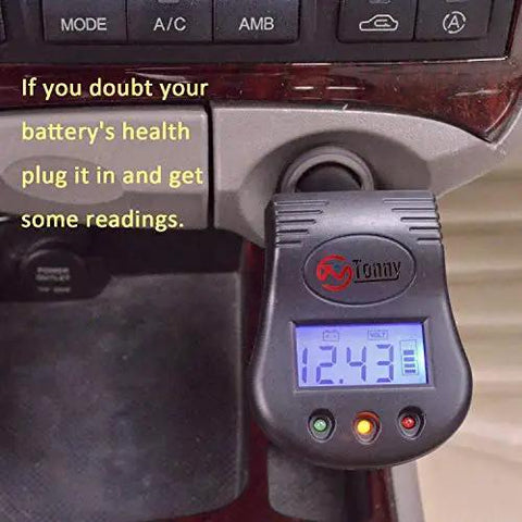 12V Car Battery And Charging System Tester With LCD Voltmeter plugged into cigarette lighter showing 12.43 voltage reading