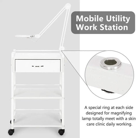 Rolling Salon Trolley Cart With Wheels And Two Open Trays Plus A Drawer Wooden Mobile Storage Station For Beauty Spa Nails Tattoos.