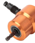 Versatile Nibbler Drill Attachment For Sheet Metal Cutting 360 Degree Double Head Cutter tool close-up view with orange casing