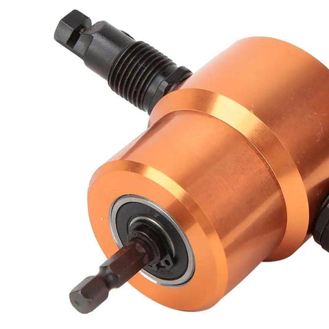 Versatile Nibbler Drill Attachment For Sheet Metal Cutting 360 Degree Double Head Cutter tool close-up view with orange casing