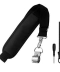 Built Tough Shoulder Strap For Weed Trimmer And Leaf Blower Nylon Belt With Durable Metal Clip Compatible With Greenworks String Trimmers And Multi Head Systems Black, shown with attachments