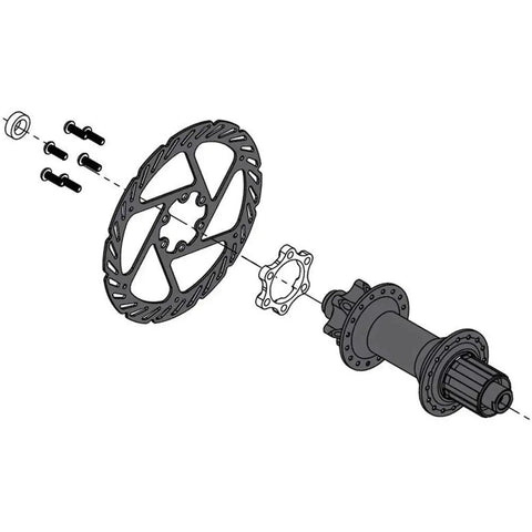Exploded view of Bolt On Front Boost Hub Adapter 15mm to 110mm Conversion with disc rotor and parts, CNC machined 6061 alloy, lightweight 11g