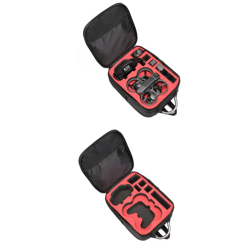 Open black and red Shoulder Bag For Avata 2 Goggles N3 Dope High Capacity Protective Travel Case with compartments for accessories.