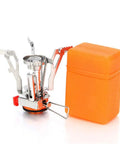 Lightweight Portable Camping Stove With Piezo Ignition, Wind Resistant Backpacking Camp Stove, shown with its stable aluminum base and orange case.