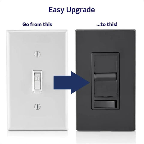 Comparison of a standard light switch and SureSlide Dimmer Switch For Dimmable LED Halogen And Incandescent Bulbs Model 6674 P0E Black.