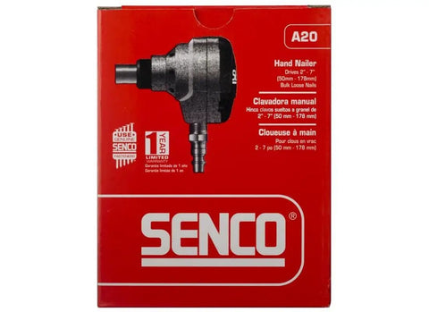Palm Nailer Pneumatic Tool With Magnetic Nail Guide, package front with product image and specifications, red box.