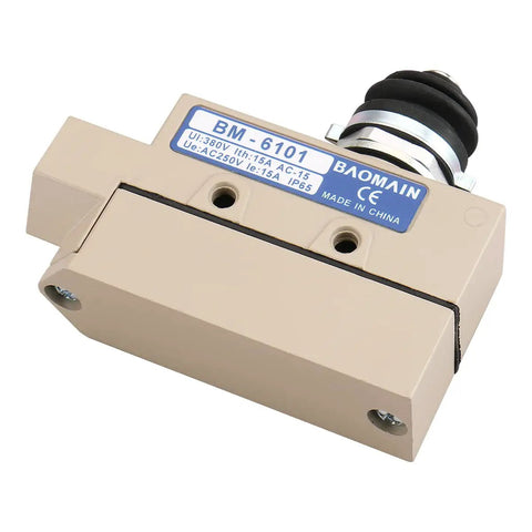 TZ 6101 Sealed Limit Switch With Beefy 15A 250VAC Heavy Duty Plunger Travel Switch IP65 Waterproof CE Certified For Industrial Roll Up Doors And Machinery CNC Automation, beige aluminum housing with rubber plunger