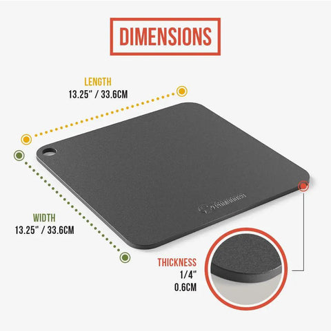 High Heat Pizza Steel For Oven And Grill 13 By 13 Inch One Quarter Inch Thick With Lifting Holes, dimensions shown.